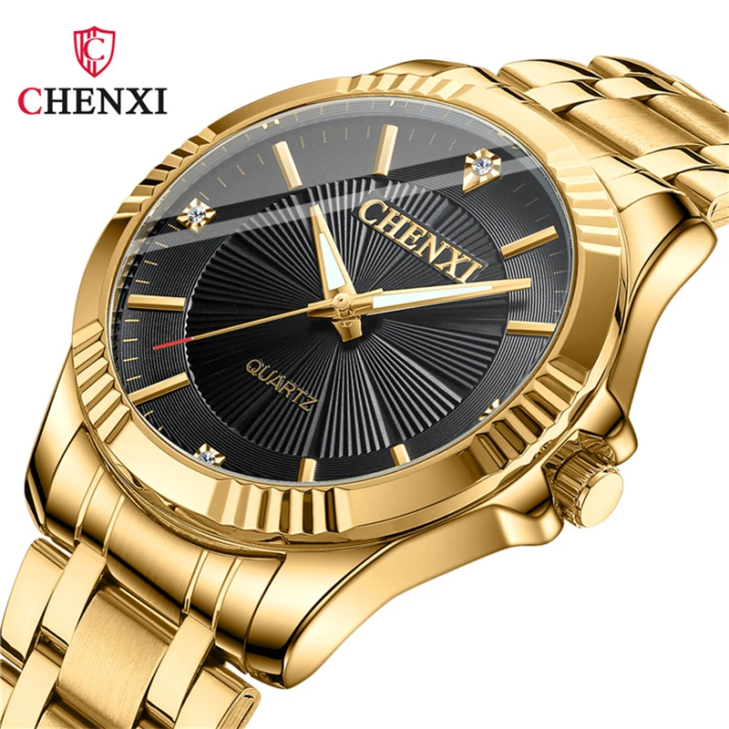 CHENXI 050A Couple Quartz Watch Luxury Business Golden Stainless Steel Unique Simple Wristwatch for Woman and Men