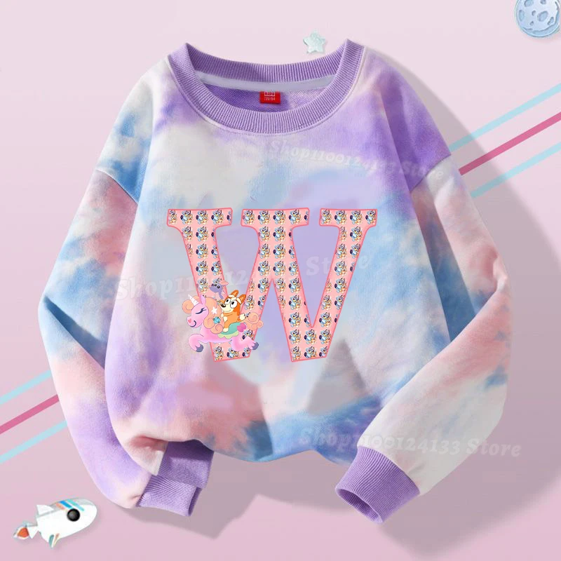 Bluey Sweatshirt Kind Meisje Kleding Letter A-Z Bingo Chill Cartoon Tie-dye Pullover Lange mouw Feest Vakantie Kind Verjaardag Nieuw