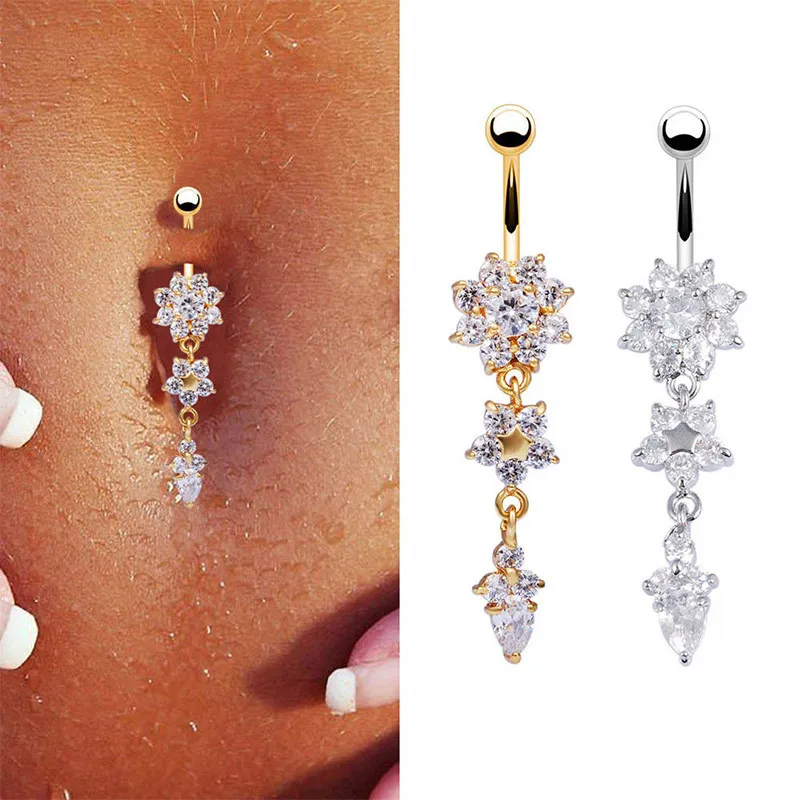 1pc Long Dangled Zircon Stainless Steel Navel Piercing Flower Pendant Belly Button Rings Belly Piercing Body Jewelry Women Girls