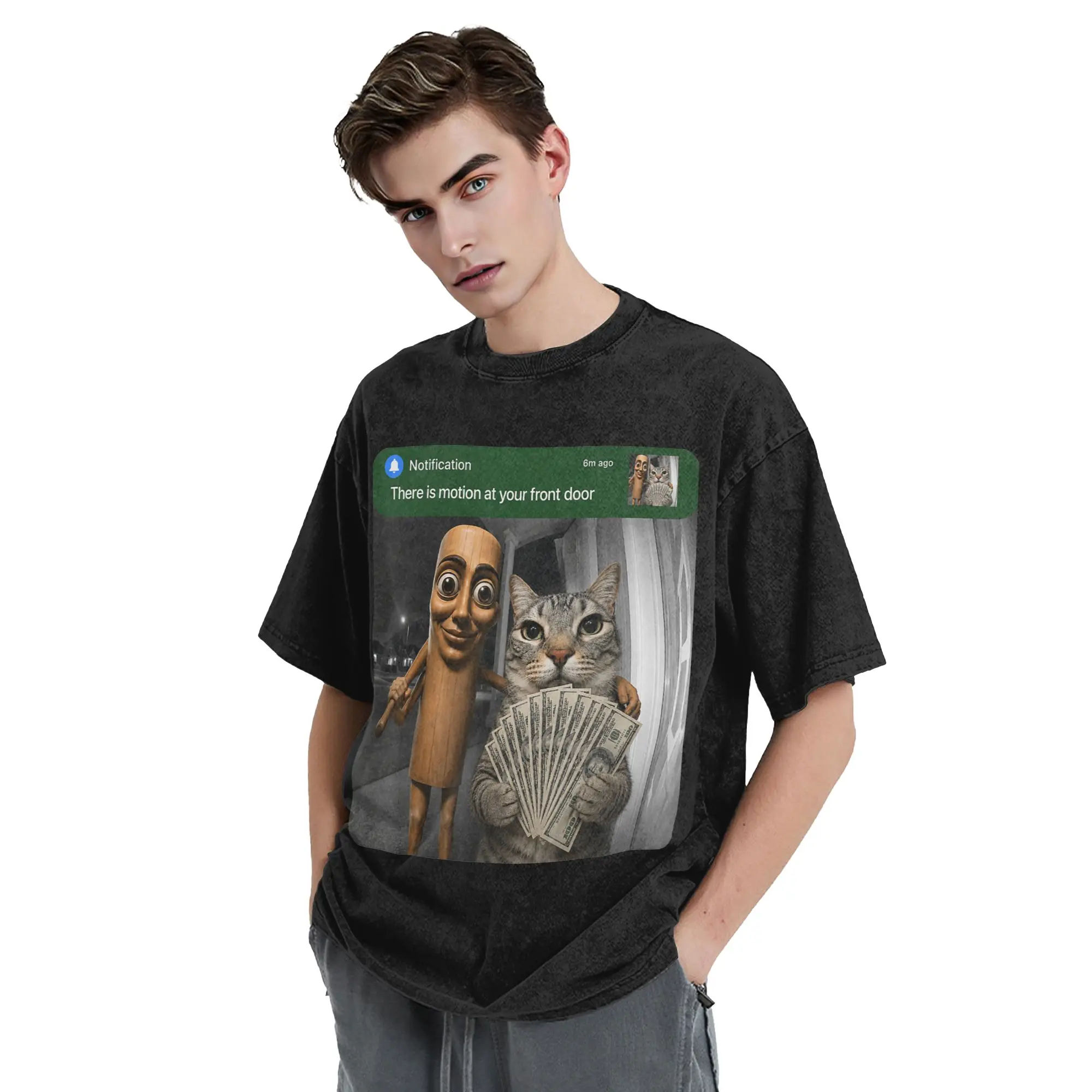 There is Motion at Your Front Door Tung Tung Tung Sahur Cat Washed T Shirts Streetwear T-Shirts Tee Shirt for Men Women Cotton