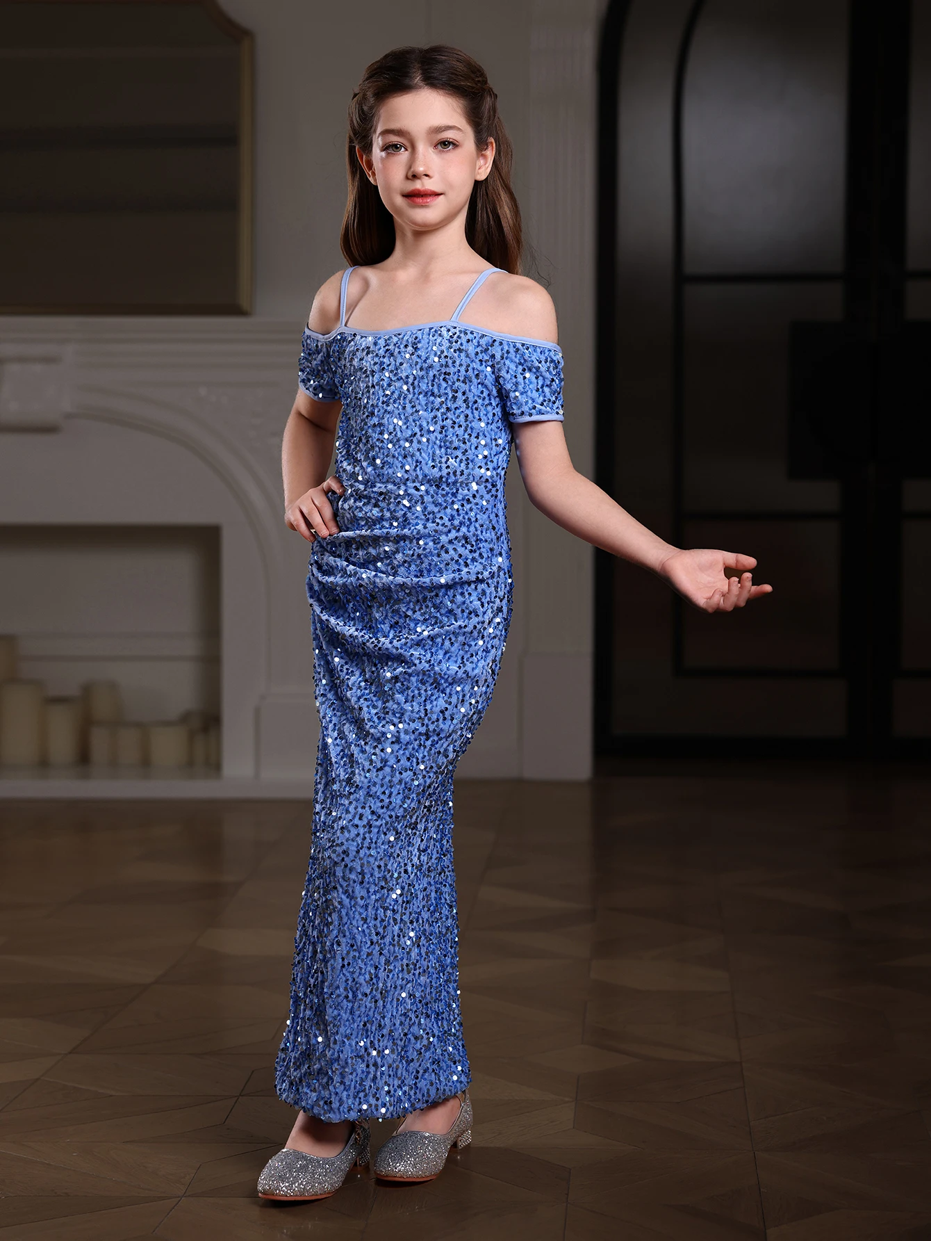 Shimmering Girls Sequin Gown -  Boat Neck Split Fish Tail Wrap Hip Skirt for party - Fashionable Evening Dress for Celebrations