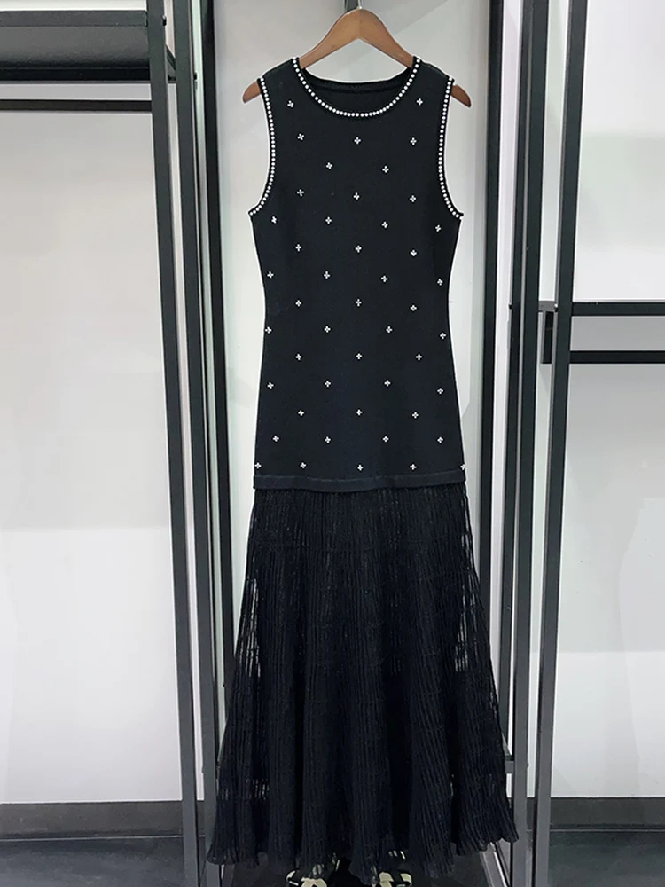 

Spring 2026 Women's Slim Fit Knitted Vest Skirt Set Sequin Embellished Short Sleeve round Neck Fashion Ensemble