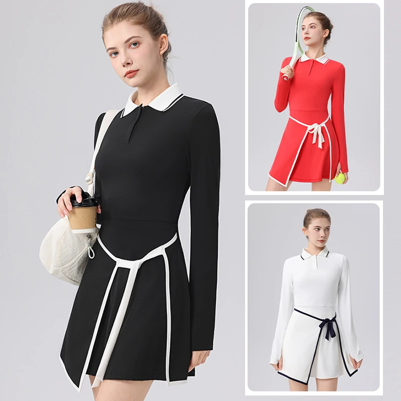 

Осенне-весеннее женское теннисное платье на шнуровке с длинным рукавом для тренировок в тренажерном зале, юбки с коротким воротником-поло, теннисные юбки S-XL