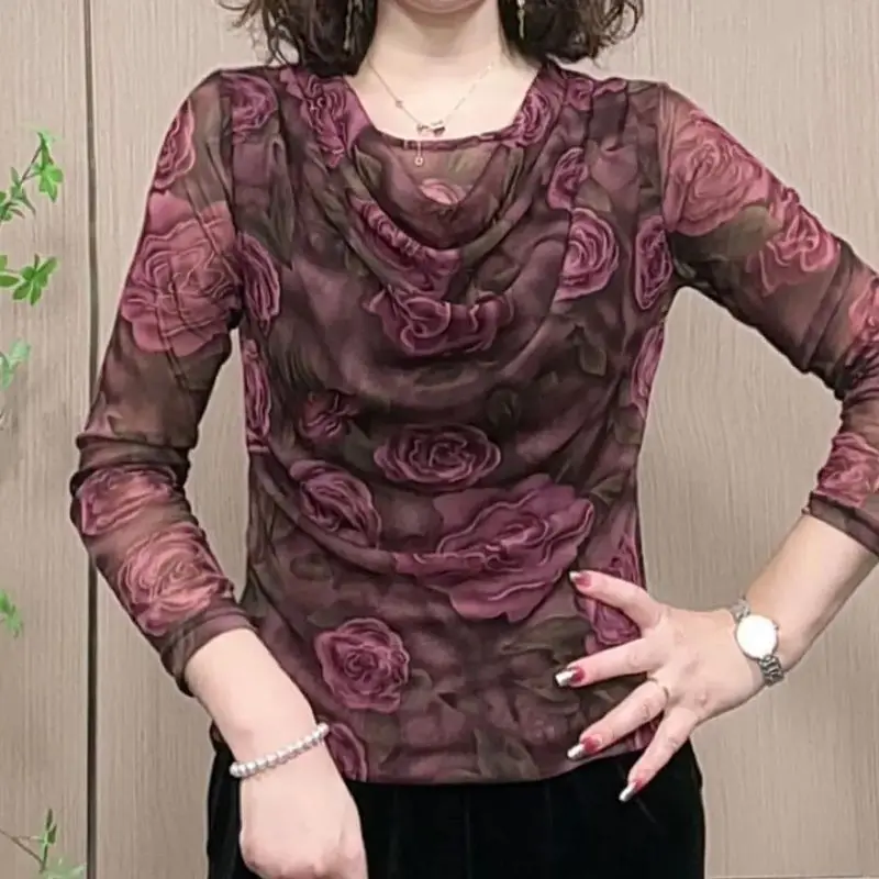 

Autumn Winter New Fashionable Velvet Thickened Pile Collar Mesh Bottoming Shirt for Women All-match T-shirt Tops