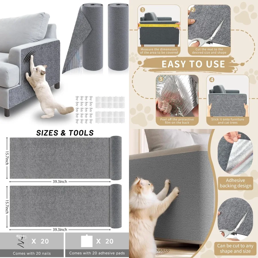 

Cat Scratch Furniture Protector 2PCS 39.4x15.8 Self-Adhesive Scratch Mats for Couch and Furniture Protection DIY Cat Climbing S