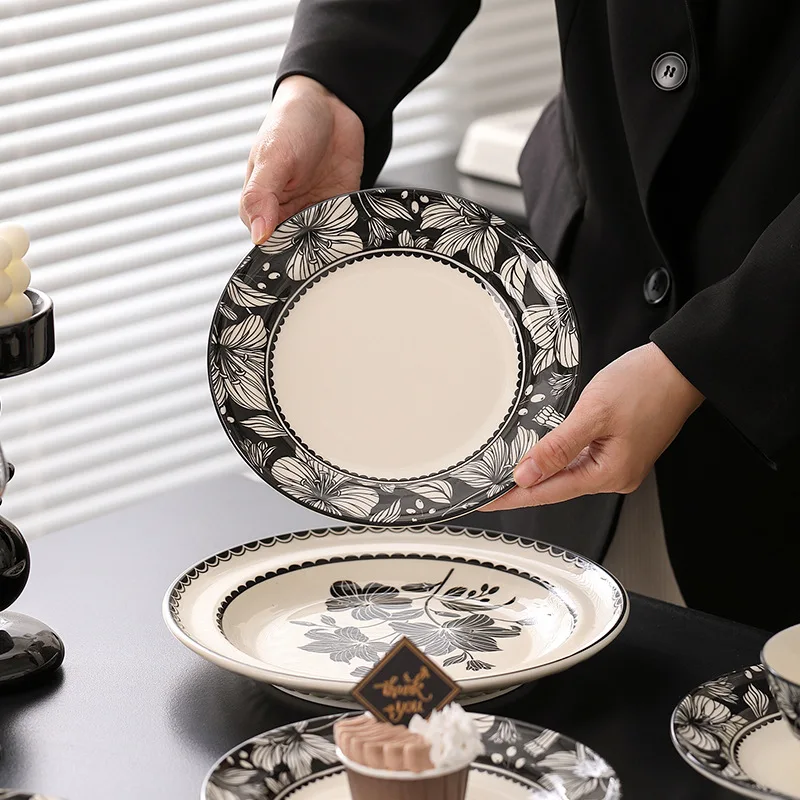 French Retro Floral Pattern Ceramic Plate Steak Food Plates Fish Plate Spoon Bowls  Dinner Dish Porcelain Dinnerware Set