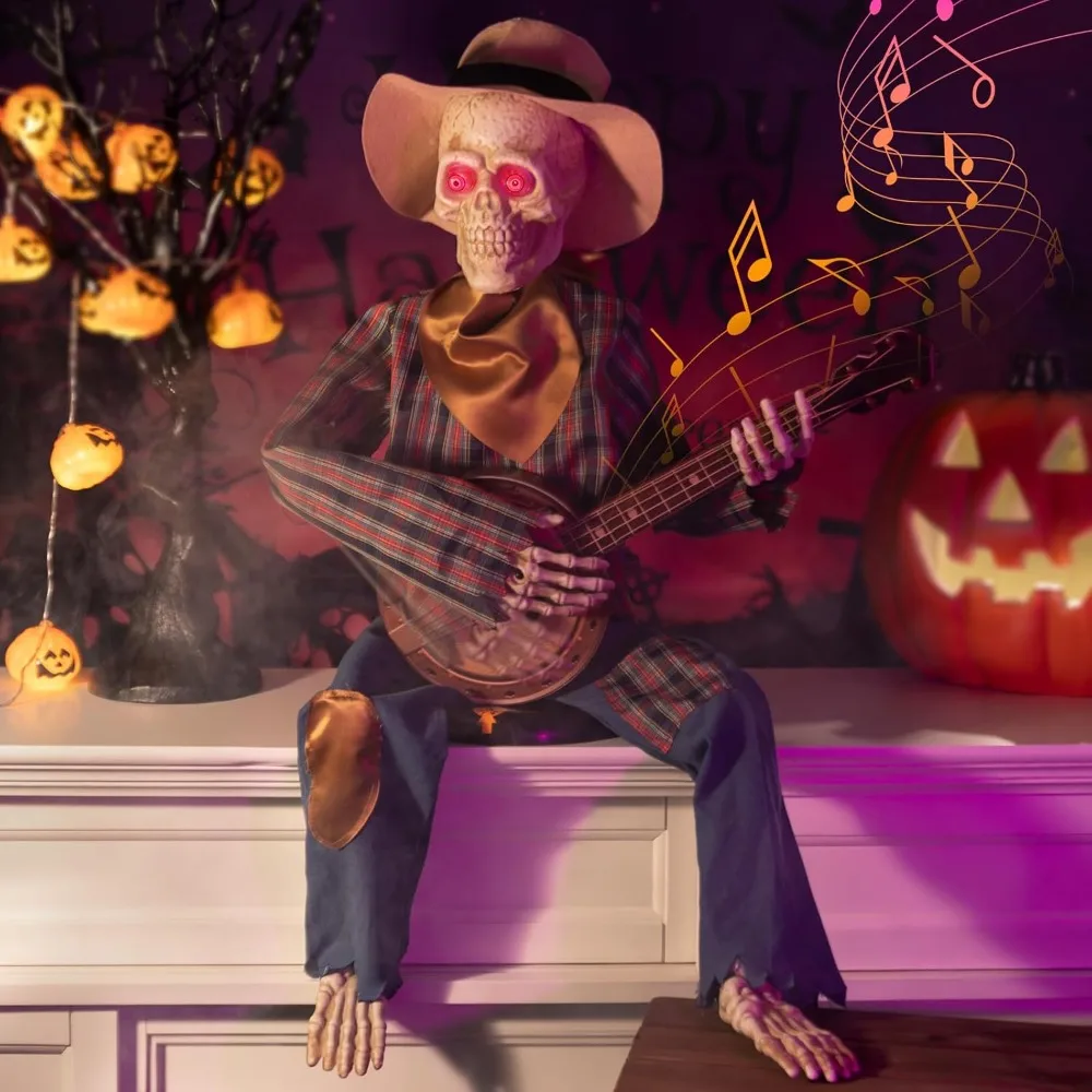 Animated 3.2 ft Tall Banjo-Playing Skeleton with Light-Up Skull and Motion Sensor for Halloween Decor