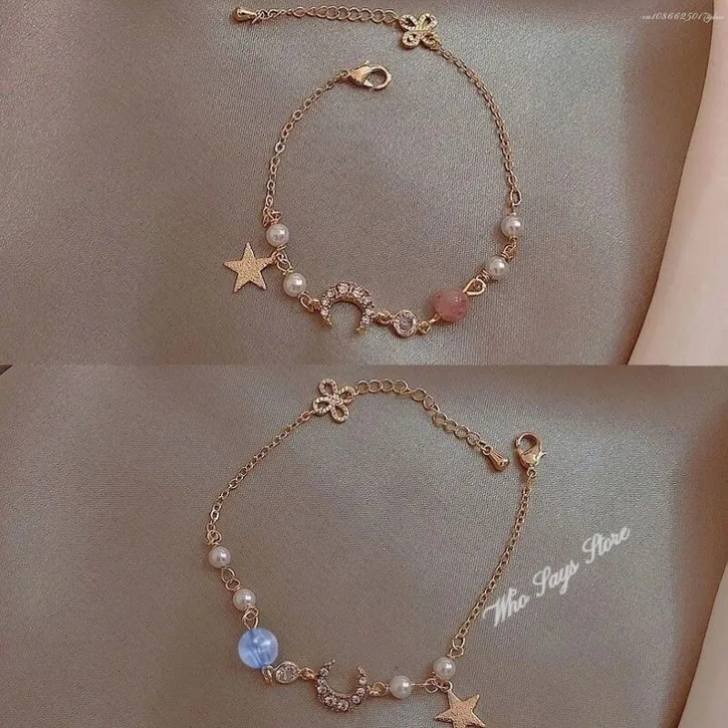 Korea Star Moon Bracelets for Women Fashion Cute Colorful Natural Stone Zircon Adjustable Pearl Chain Bracelet wedging Jewelry