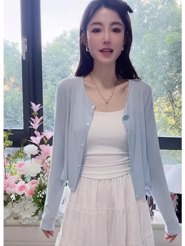 

Laceless Ruched Sleeveless Summer Cardigan Women's Thin Knitted Sun Protection Wrap with Sling Skirt Outer Shirt Korean Style