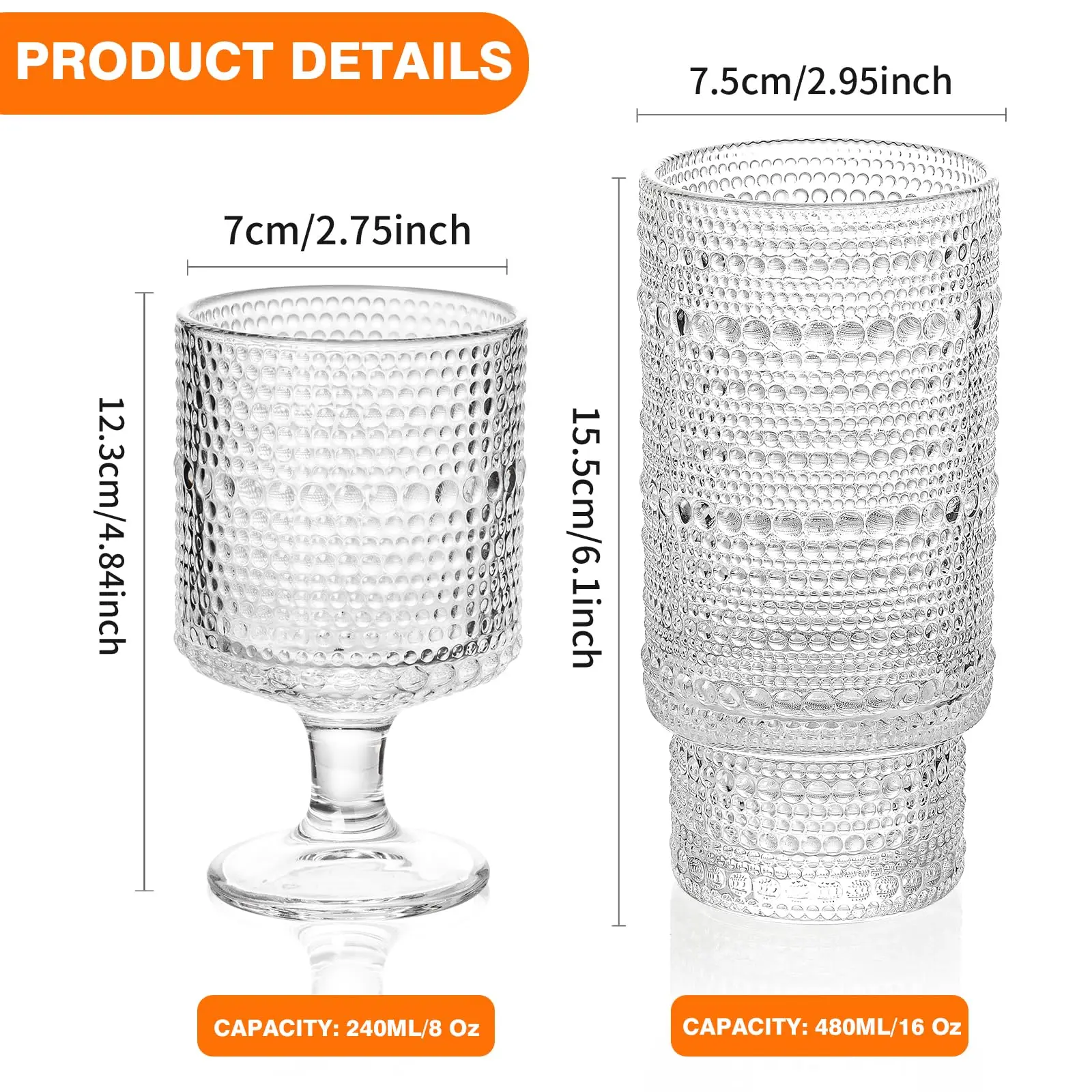 8PCS Vintage Drinking Glasses Hobnail Glassware Includes 8/16 Oz Goblet Wine Glasses Perfect for Beverages Beer Cocktail Whiskey