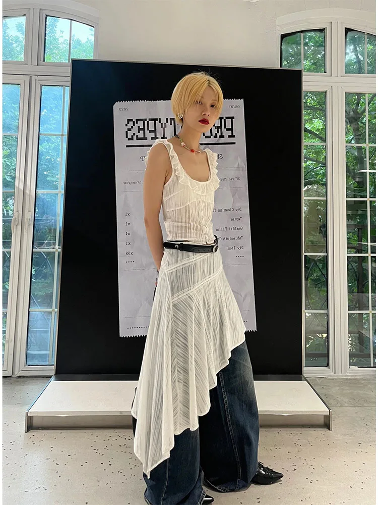 Woman Tank Top Camisole Halter Top Outfits Chiffon 2 Piece Gauze Pleated O-neck A-line Patchwork Midi Fashion Skirt Design Set