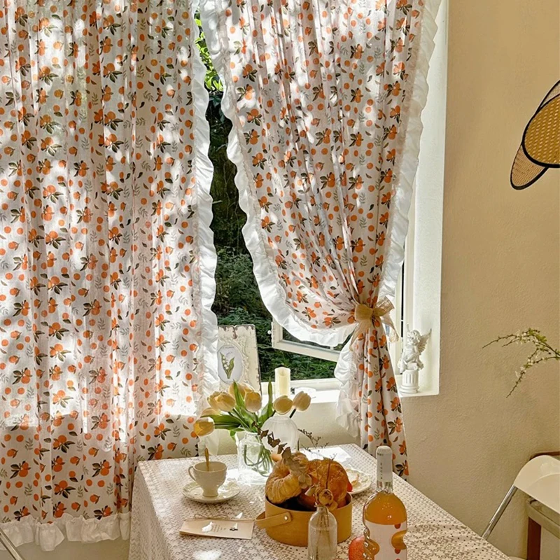 American Rural Cotton Hemp Orange Pattern Curtains Cloth for Living Room Warp Ruffled Fruit Curtains for Bedroom Kitchen #A664
