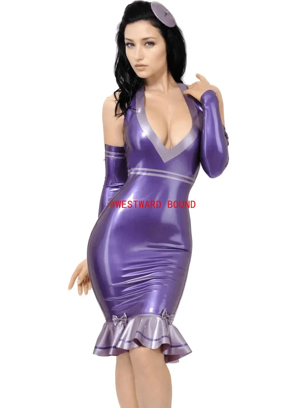 

Латексное женское фиолетовое латексное платье с глубоким v-образным вырезом и бантами, элегантный дизайн, резиновый наряд, клубная одежда, косплей по индивидуальному заказу