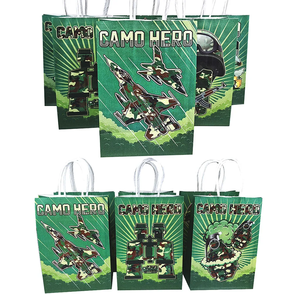 

36/48/60pcs Camouflage Military Theme Paper Bags Aircraft Tank Parachute Pattern Candy Treat Bags Boys Girls Birthday Supplies