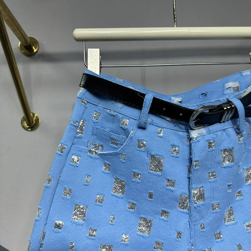 Brilhante tecido rasgado perna reta perna larga calças de comprimento médio feminino primavera verão versátil solto ajuste cinco quartos jeans