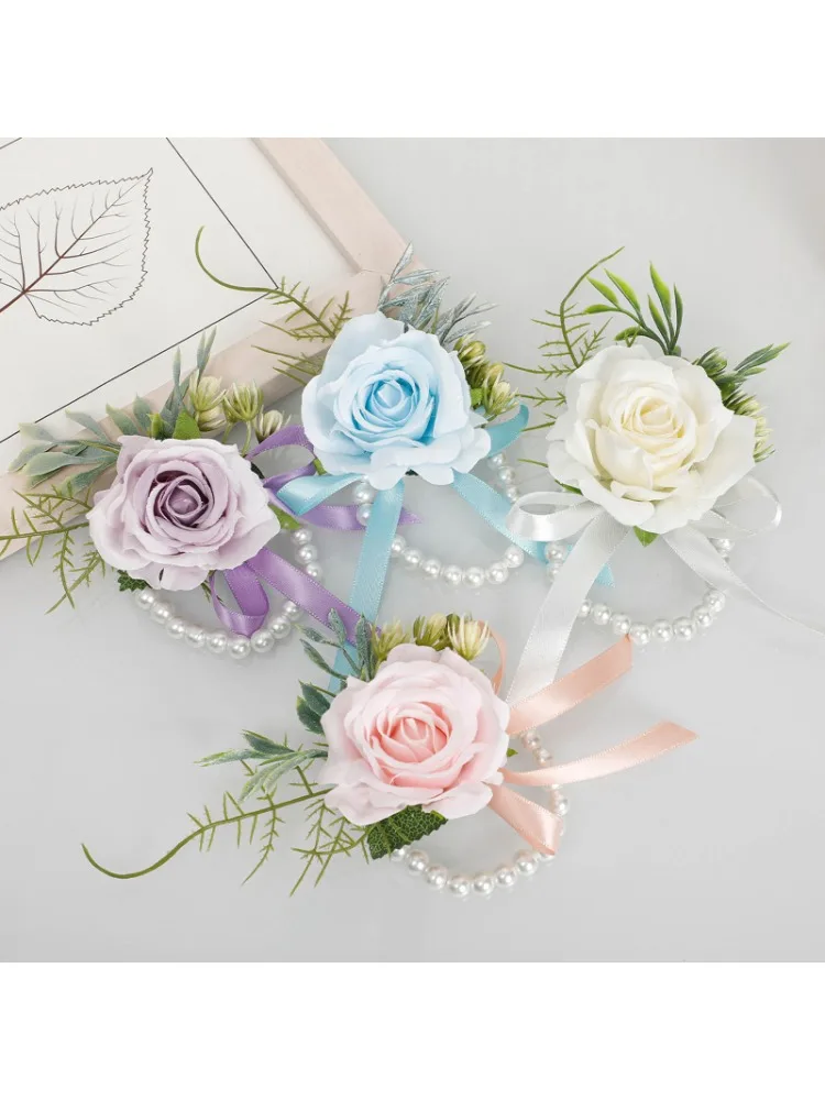 *الصدار 2 قطعة المعصم زهرة الزهور السوار الاصطناعي روز اللؤلؤ سوار للعروس وصيفه الشرف الزفاف