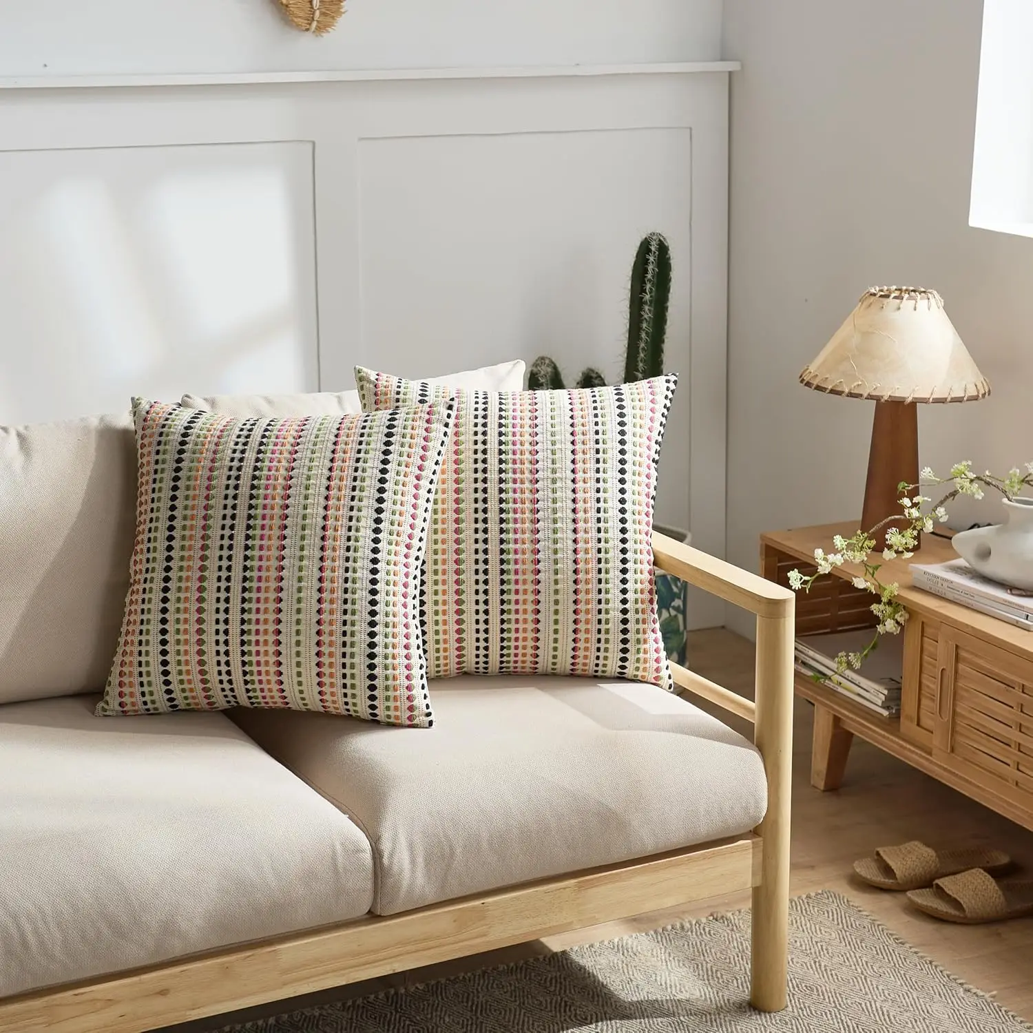 Colourful Striped Throw Pillow Cover, Neutral Cotton Textured Cushion Case for Farmhouse Decor, Couch Bed Living Room