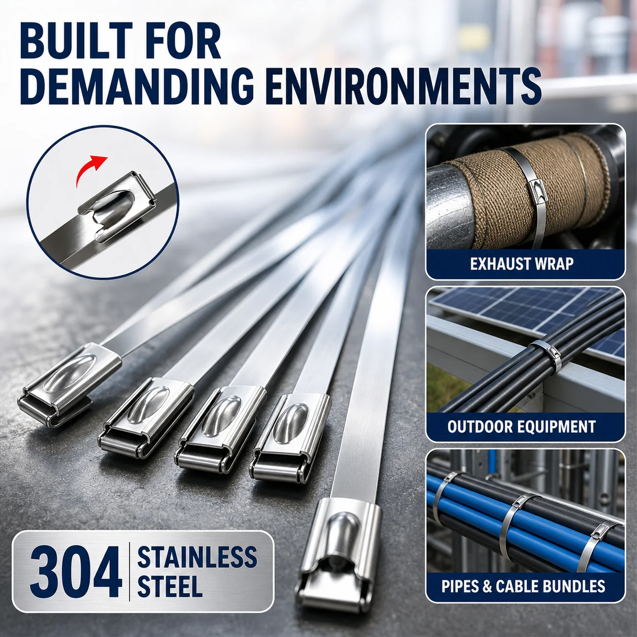 100PCS 304 Stainless Steel Cable Ties 4.6mm 7.9mm Self Locking Metal Zip Ties for Exhaust Wrap Outdoor Pipe Cable Bundling