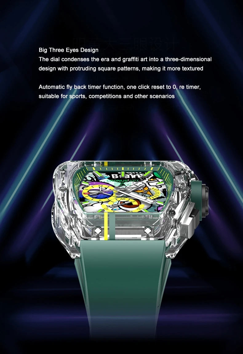 CRONUSART Orologio cronografo da uomo 50MM Tonneau Orologio da polso meccanico Cassa in zaffiro Cinturino in gomma fluorurata luminosa Grandi finestre triple