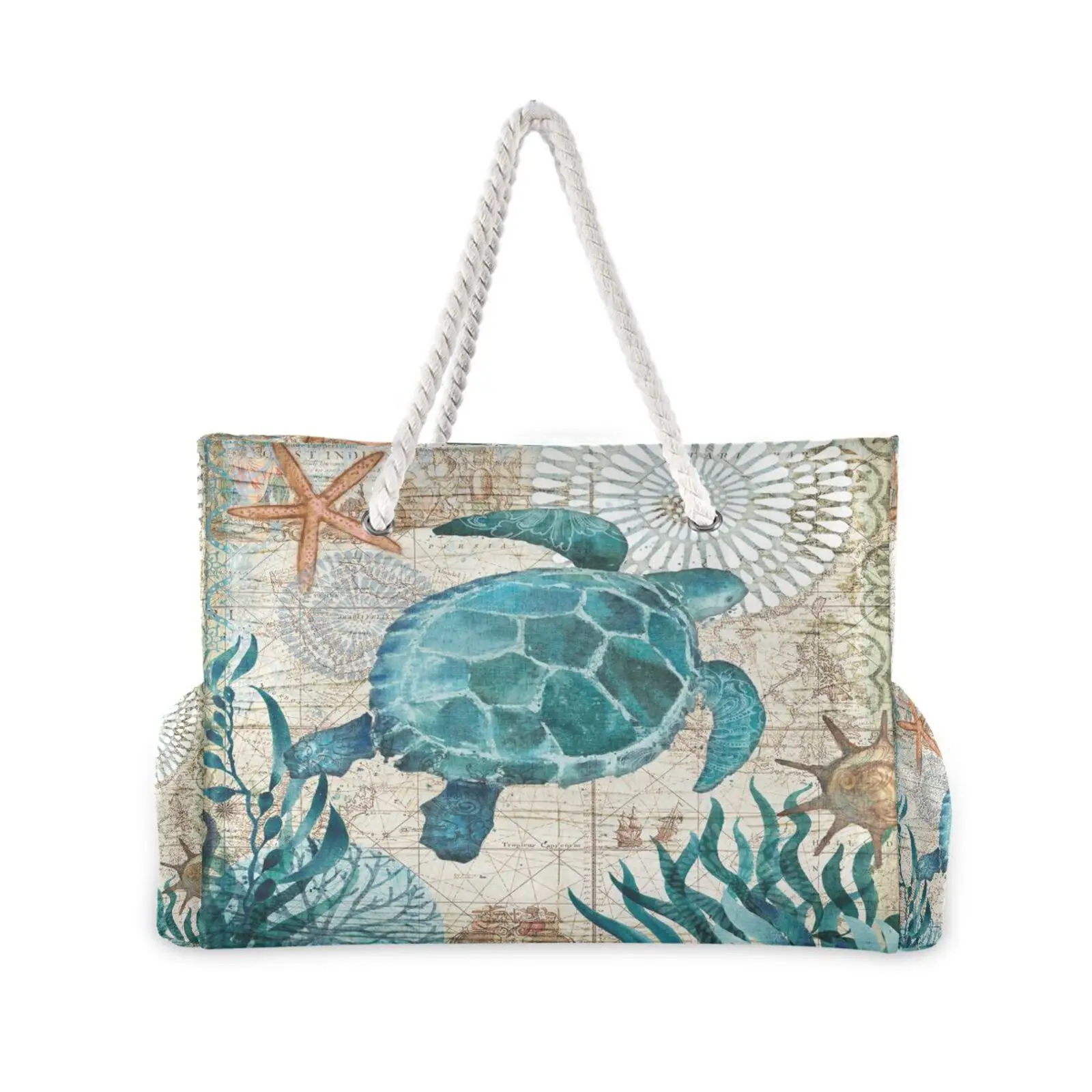 Large Beach Tote Bag Vintage Turtle Octopus World Map Women Shoulder Bag Canvas Handbag Casual Shopping Gym Travel Storage Bag