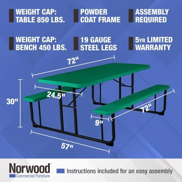 Norwood Commercial Furniture Rectangular Picnic Table with Benches, Blow-Molded Plastic Portable Outdoor Picnic Table, Green