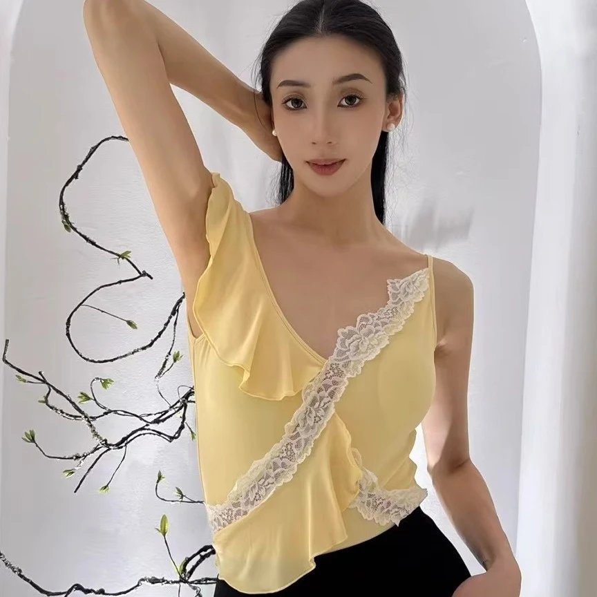 

Summer Latin Dance Clothes Yellow Suspender Tops Yellow Bodysuit Adult Rumba Ballroom Dance Practice Training Clothing BL15826