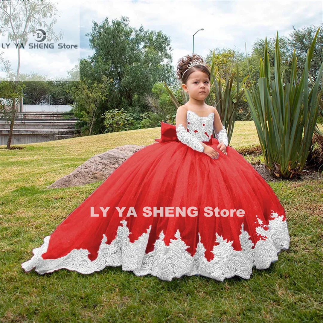 Long Sleeves Flower Girl Dresses For Weddings Toddlers Satin Bow Ball Gown Pageant Dress Sparkly 1st Communion Party Gowns