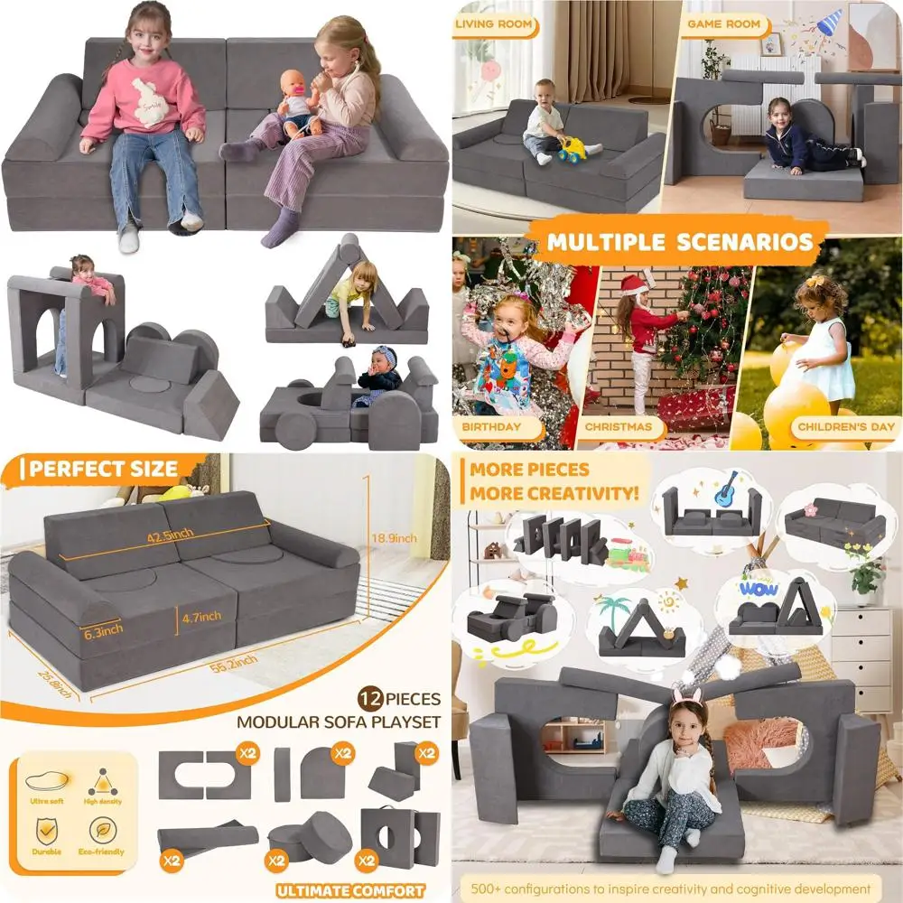 

Детский диван из мягкого пенопласта, 12 элементов – удобный, со съемным чехлом, безопасный для детей 1-6 лет, портативный и легко чистится, идеально подходит для гостиной