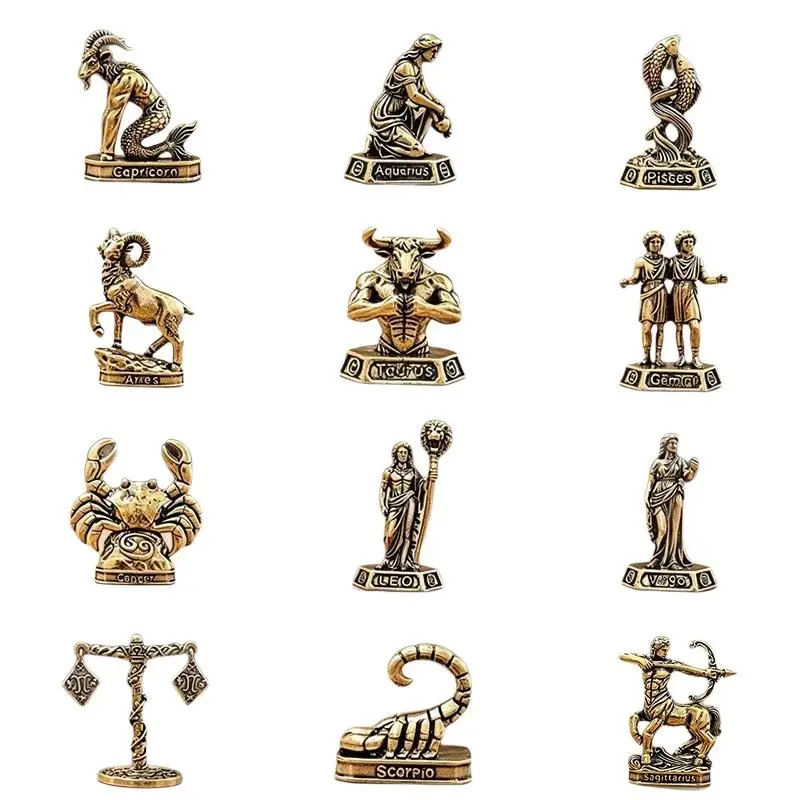 Vintage Brass 12 Constellation Figurines Fine Craftsmanship Perfect For Desk Decor Astrology Enthusiasts Gifts