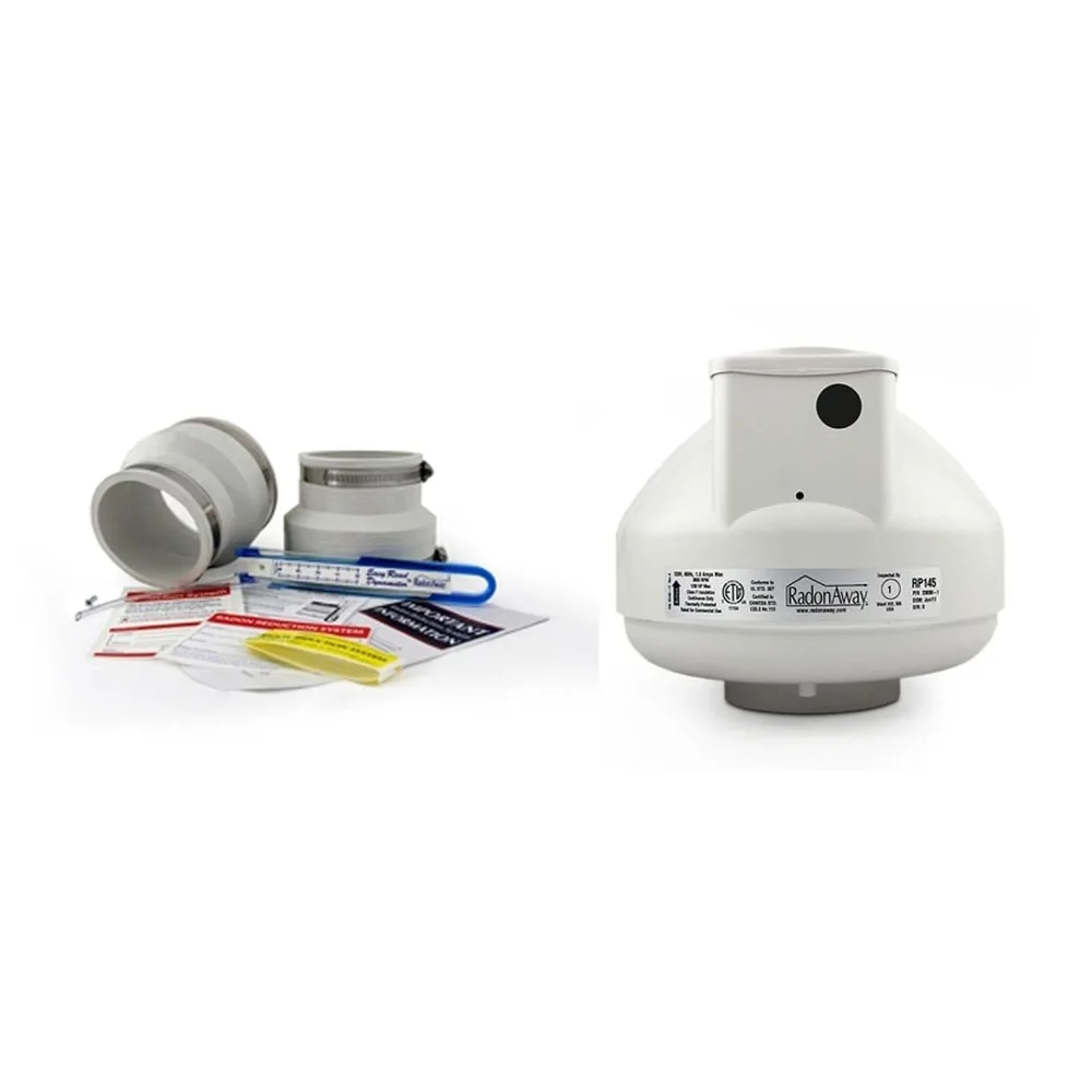 Ventola radon nera 4x4 con kit di installazione, comprese accoppiamenti in gomma, dinametro e etichette per una riduzione efficace del radon