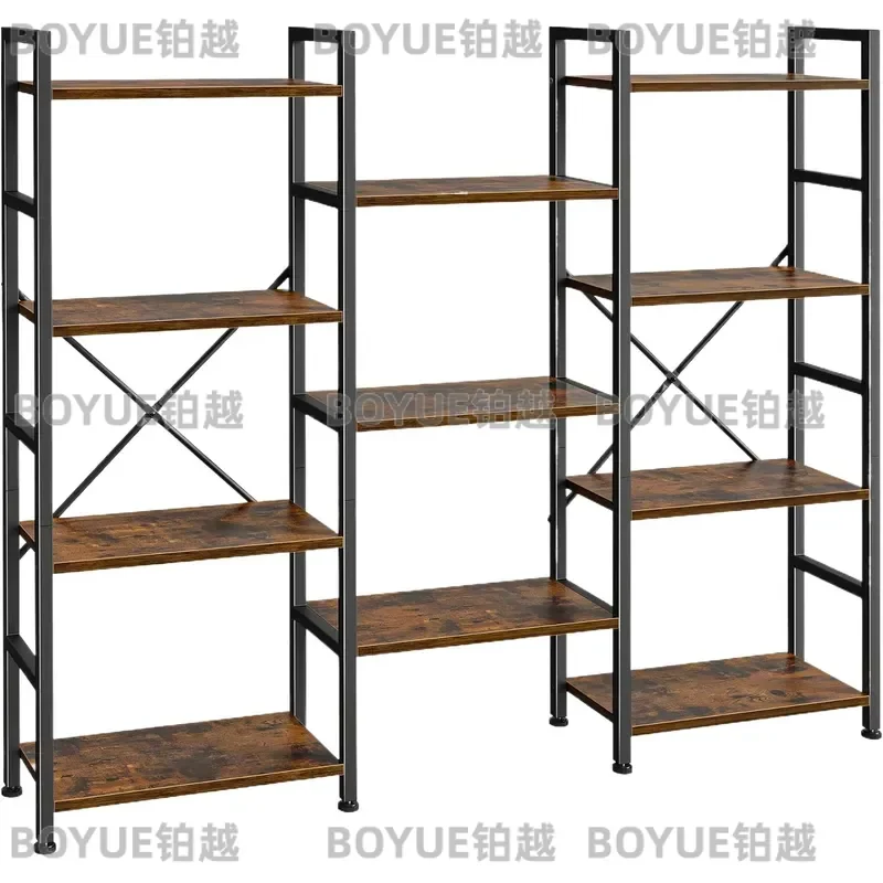 Triple Bookshelf Four Tier Bookcase With Eleven Open Display Shelves Adjustable Industrial Metal Frame Standing Storage Rack