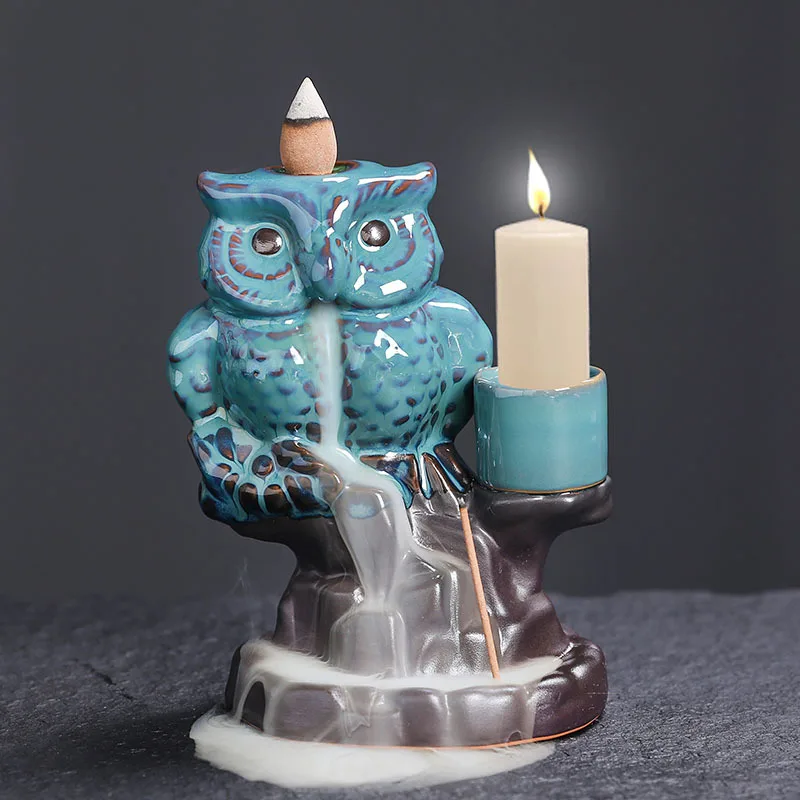 Kreativer Keramik-Eulen-Räuchergefäß mit Rückflussfunktion, Heimdekoration und Kerzenhalter, Geschenk für Eulenliebhaber (ohne Weihrauch)