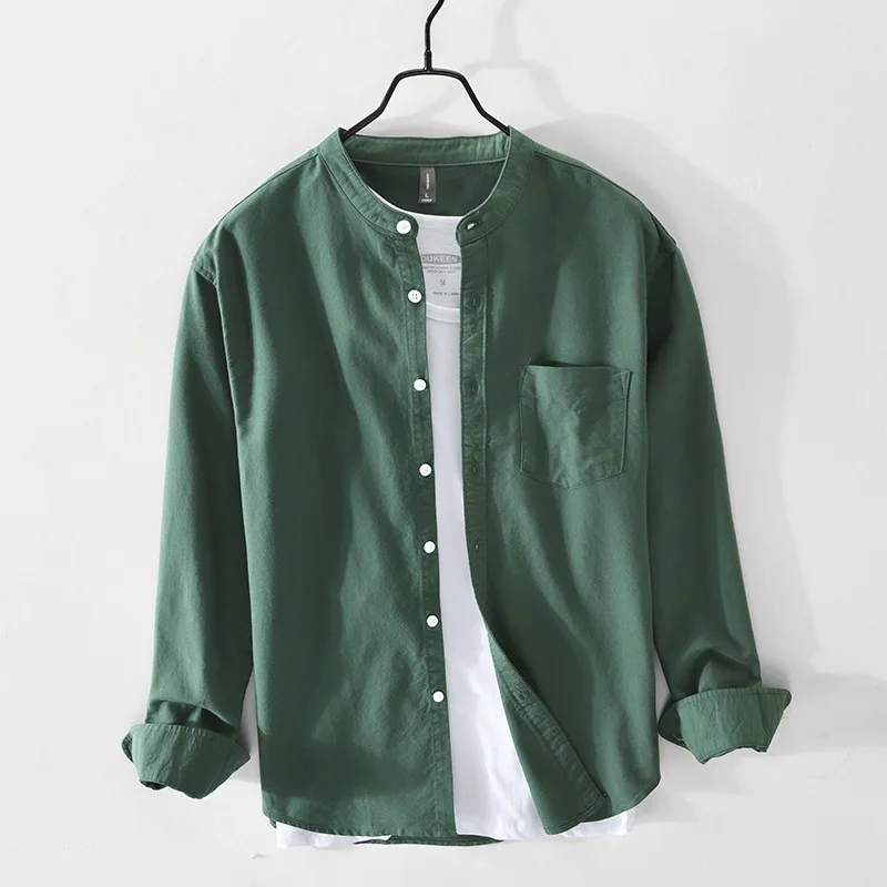 Retro Japanese Style Men's Long Sleeve Pure Cotton Loose Casual Shirt Spring Autumn round Neck Stand Collar Jacket