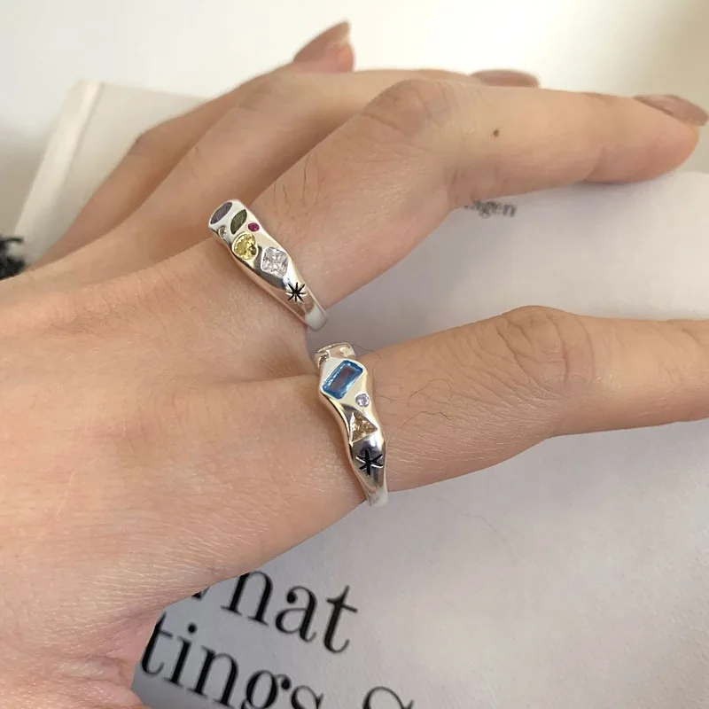 925 Sterling Silber einfache bunte Herz Stein Ringe für Frauen geometrische Mode lächeln offen handgemachte Allergie Party Schmuck Geschenk