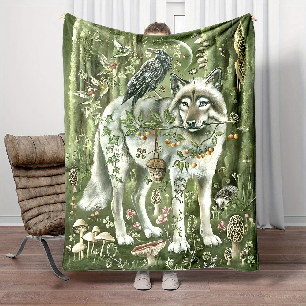 [Cozy Wolf & Crow Print Blanket] Soft Reversible Cozy Wolf & Crow Print Flannel Throw Blanket - All-Season Comfort for Bed, Sofa