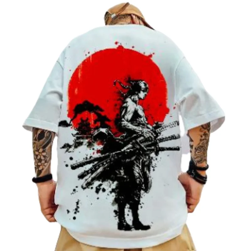 Fashion Japanese Samurai Printed Men\'s Trendy T-shirts Summer O-Neck Short Sleeve Loose Tee Shirts Streetwear Hip Hop Tops 3XL