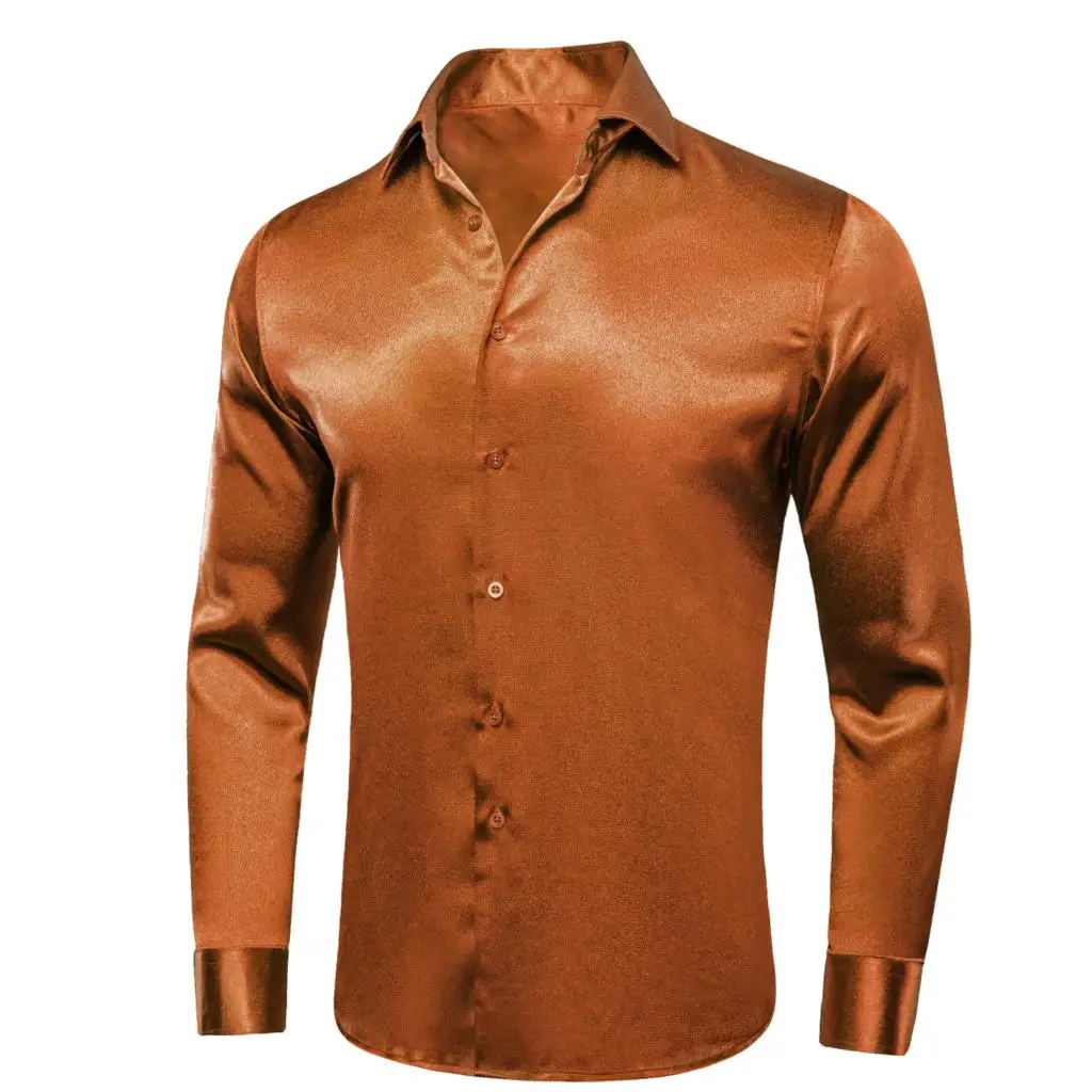 Hi-Tie Silk Men\'s Shirts Light Brown Spring Autumn Long Sleeve Turndown Collar High Quality Solid Shirt Wedding Business Party