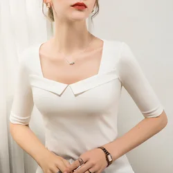 French Square Neck T-shirt Five-point Sleeve Summer Women's Slim Cotton Stretch Large White Y2k Top Harajuku