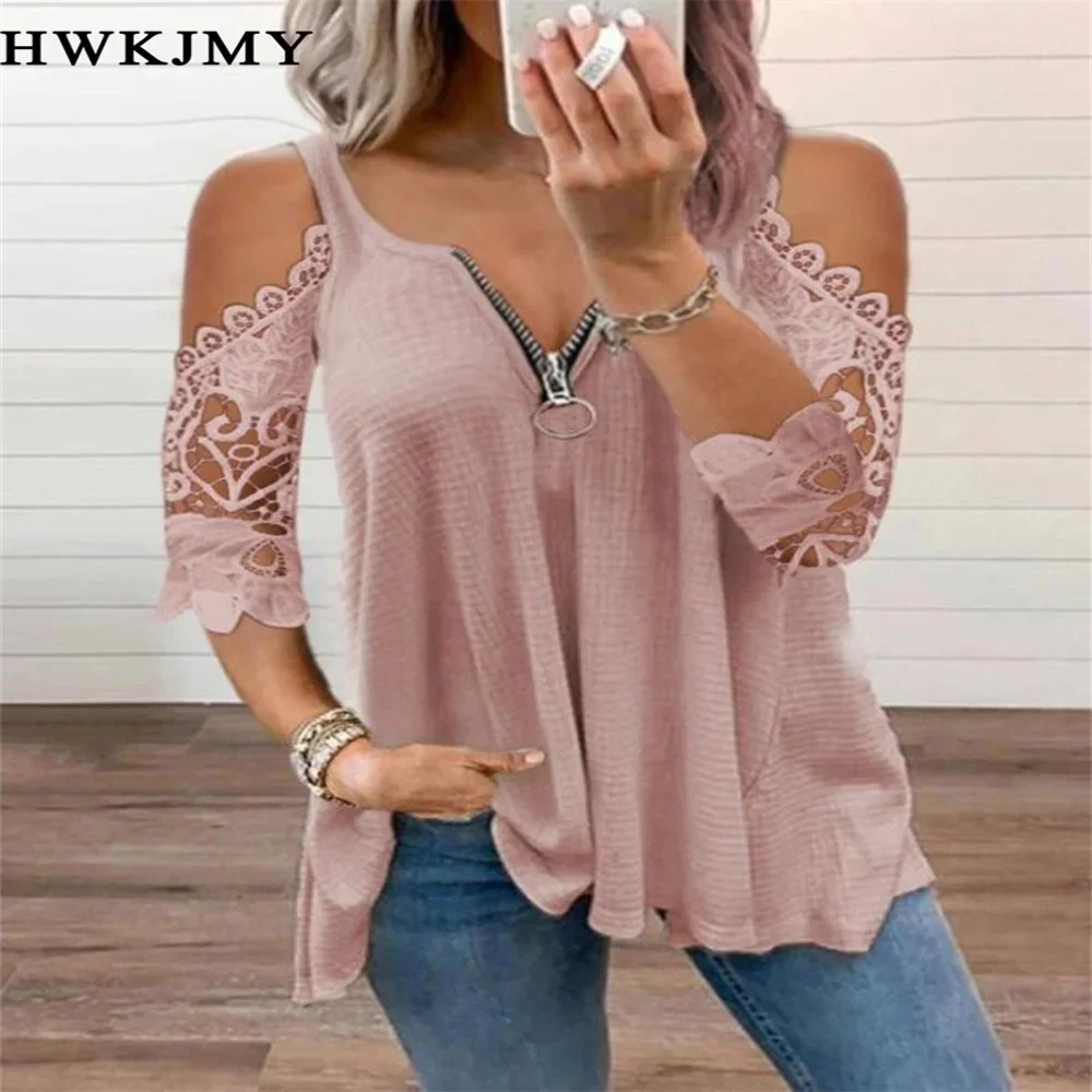 Summer New Lace Petal Half Sleeve Zipper Ladies T-Shirt for women Oversize Off Shoulder V-Neck Loose Casual Top Tee Tunic 8XL