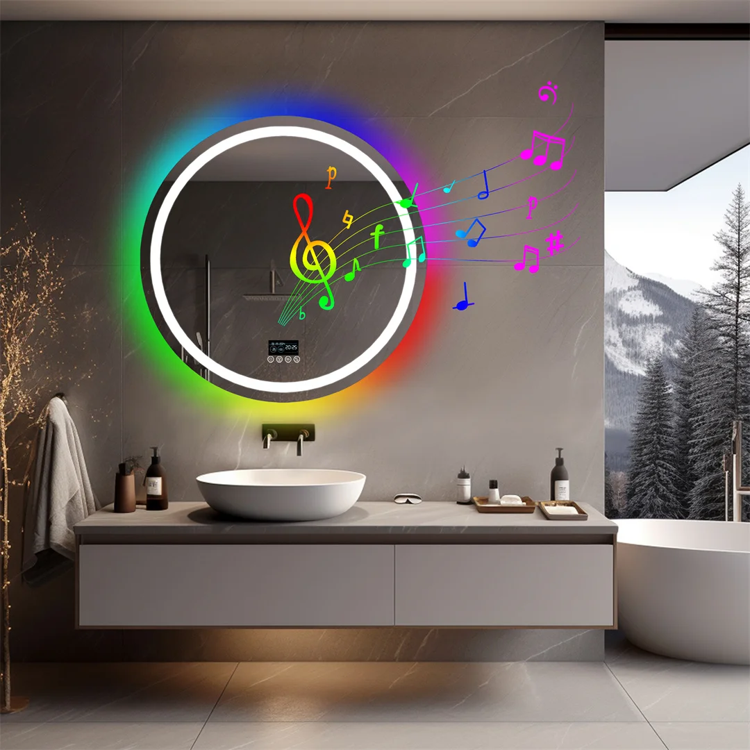 LUVODI 32 Inch Round Lighted RGB Bluetooth Bathroom Mirror Dimmable Anti-Fog Vanity Mirror with 360° Stereo Bluetooth Speakers