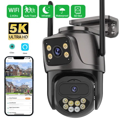 Imagen 1 del producto Cámara externa 5K 10MP WiFi de doble lente 8MP seguimiento automático cámara de protección de seguridad CCTV Audio Video vigilancia iCsee P2P
