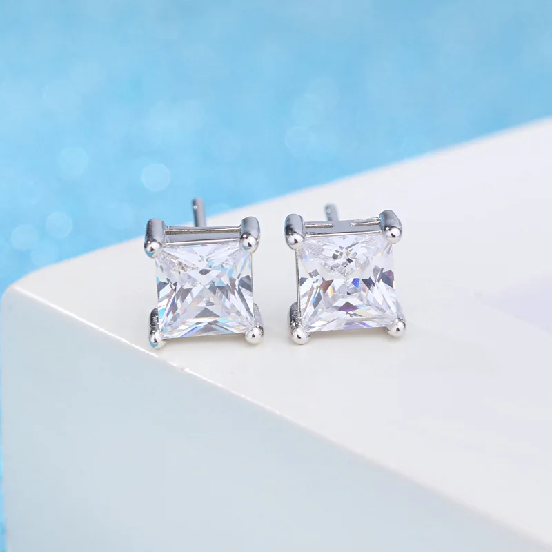 Princess Cut CZ Stud Earrings 925 Sterling Silver Square Zircon Earring for Women Classic Four Prong Earrings Wedding Jewelry