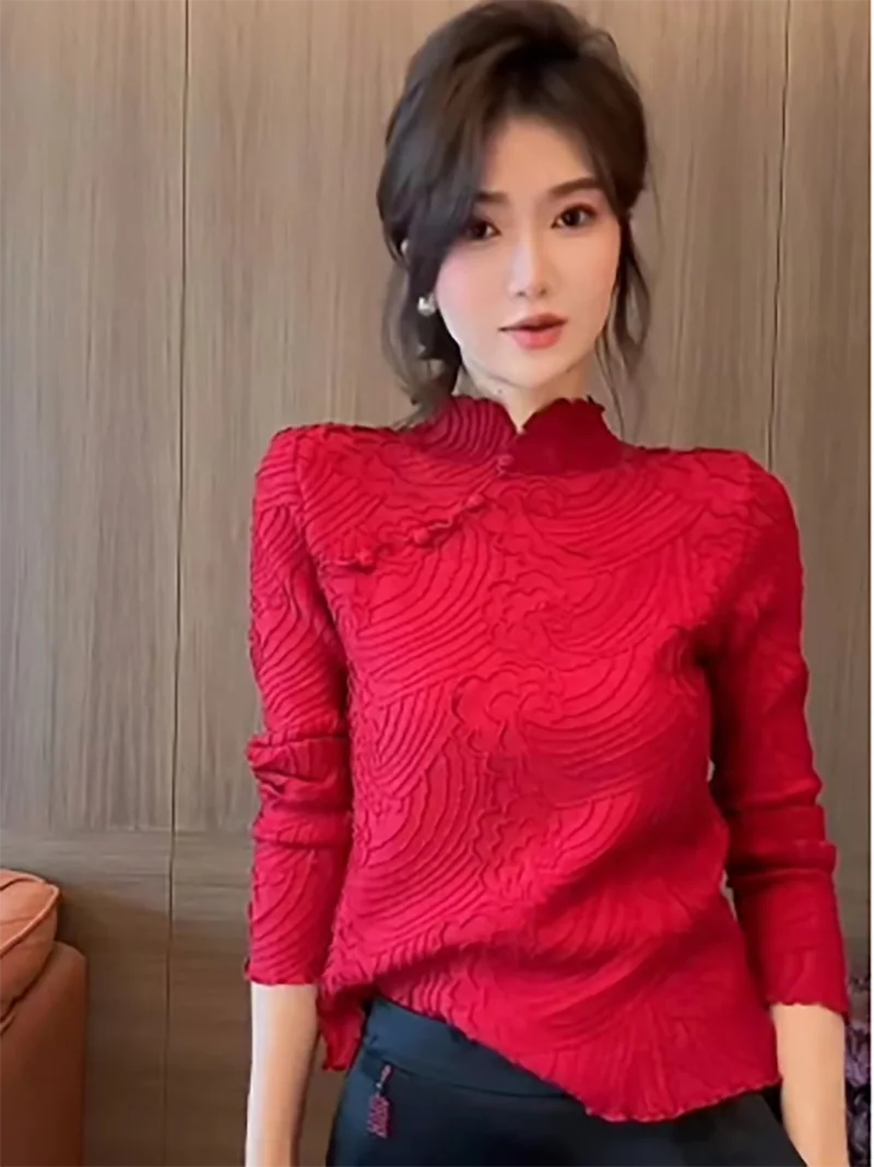 Women's Pleated Shirt Classical Top New Chinese Style Buttoned bottom Shirt Fashion Casual Shirt For Women's Clothing