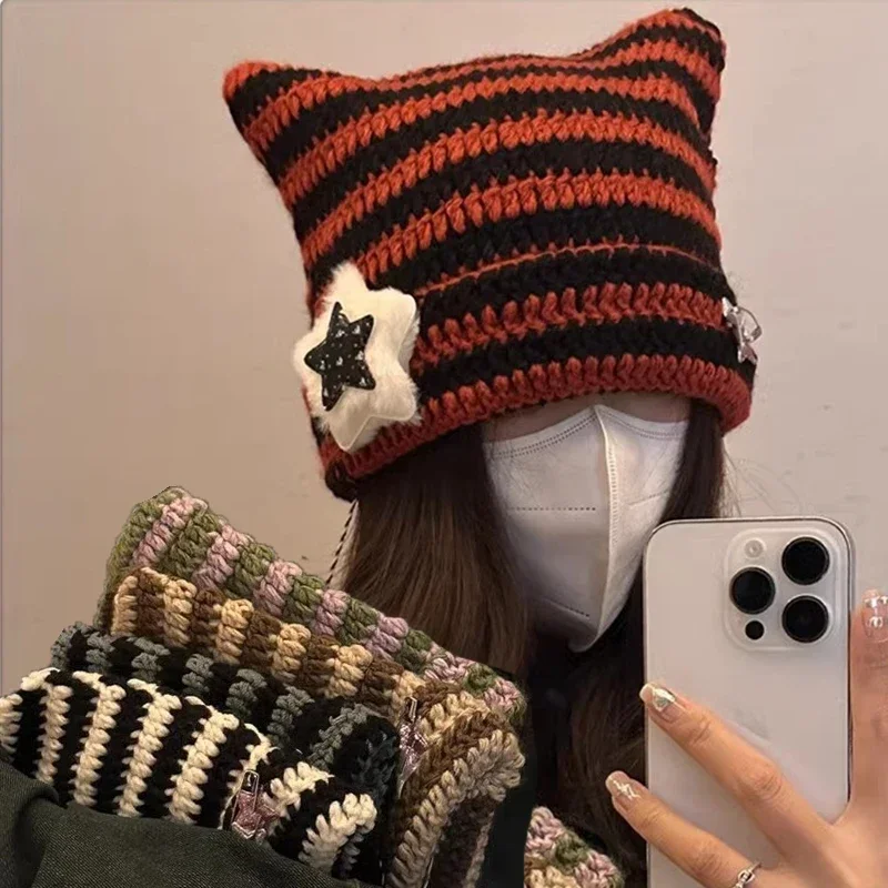 Handmade Beanies Hat Cute Five-star Streetwear Cat Ear Striped Devil Winter Warm Pullover Knitted Cap Pompom Bonnets for Women