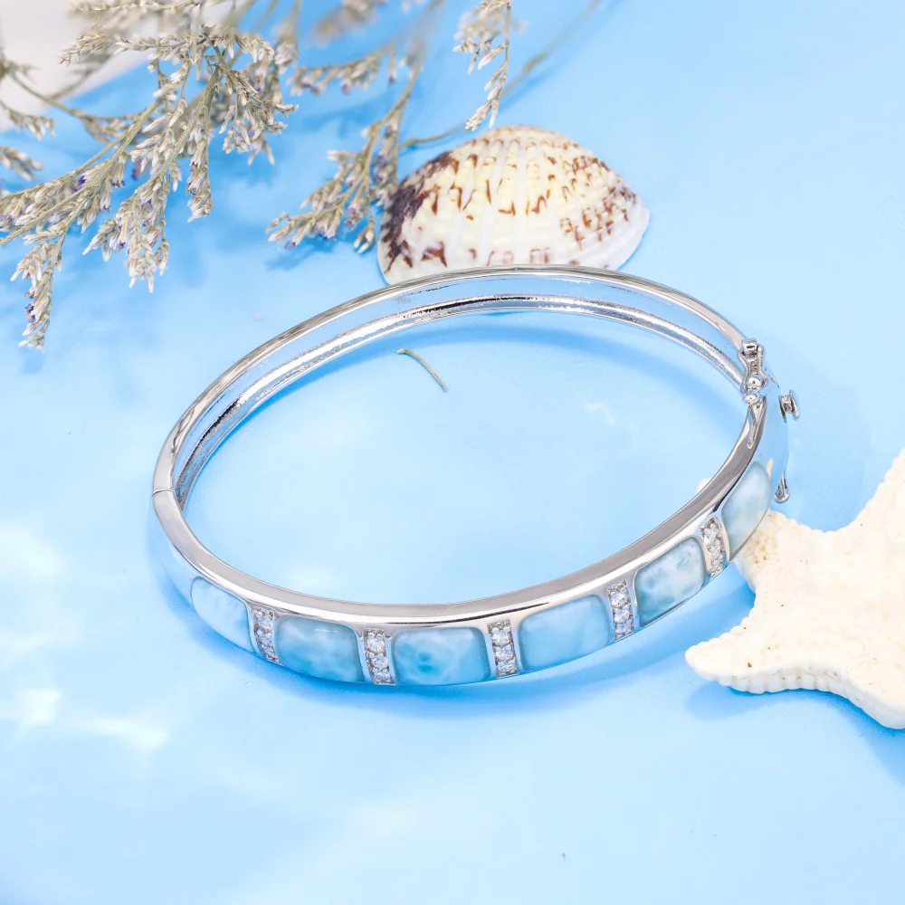 

JLZ-138 925 Sterling Silver Natural Larimar Women's Geometric Bangles new 2024 Wholesale Fashion Party Bangles Women's gifts