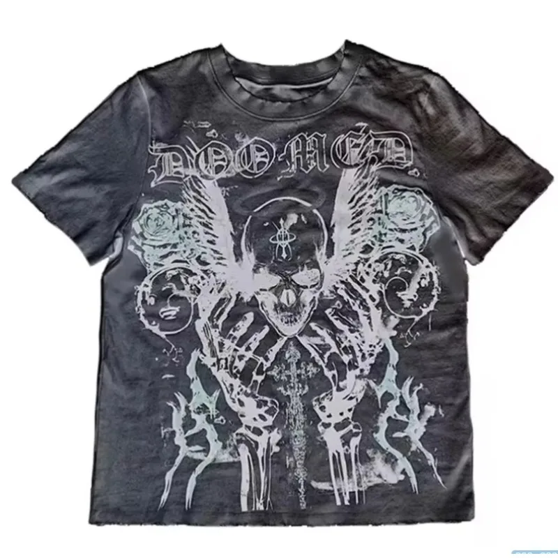 

motorcycle Dark Y2K print millennial abstract print T-shirt goth street short-sleeved retro top street style loose crew neck top