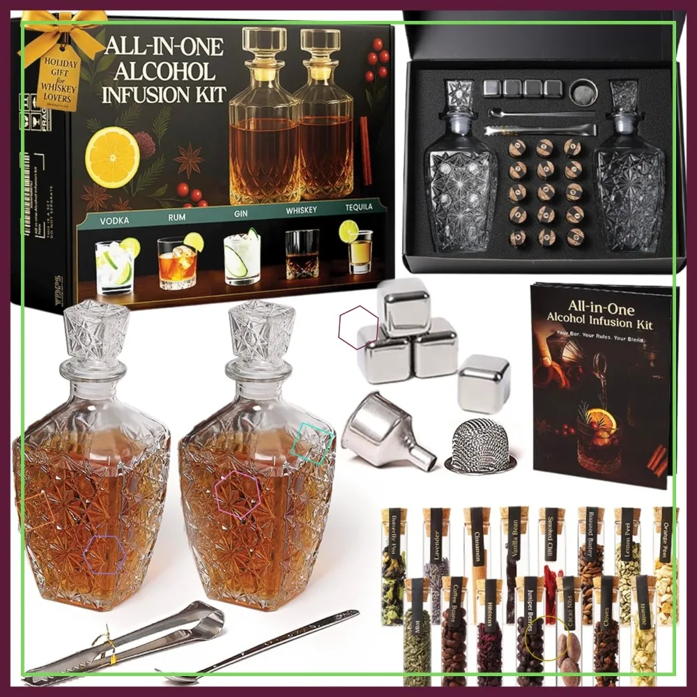 

Alcohol Infusion Kit for Whiskey, Tequila, Rum, Gin & Vodka - Includes User Manual - Perfect Gift for Men and Drink Making Set
