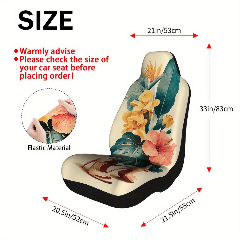 2pcs Tropical Flower & Heel Car Seat Cover Set - Fit For Most Vehicles, Heavy-Duty All-Season Protector With Tropical Hibiscus P