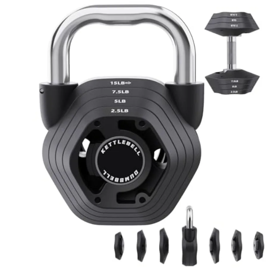 2-in-1 Adjustable Kettlebell 15-45LB Weight Set for Strength Training 5.9-30.9LB Adjustable Dumbbell in Black for Home Gym Full