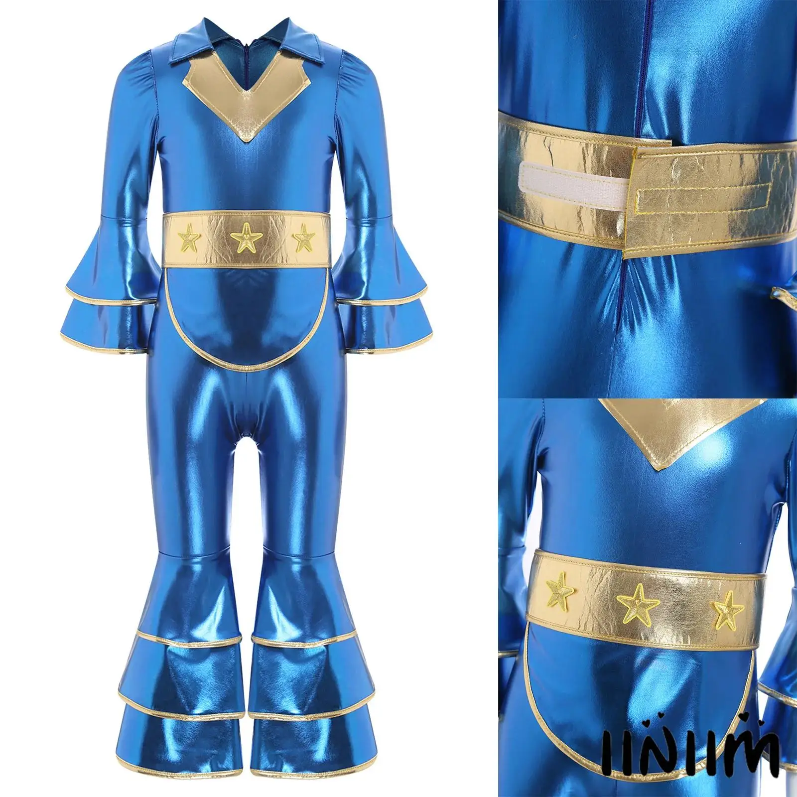 

Kids Radiant Disco Jumpsuit with Metallic Gloss Layered Flare Cuffs with Star Patterns Rompers for Halloween Carnival Parties